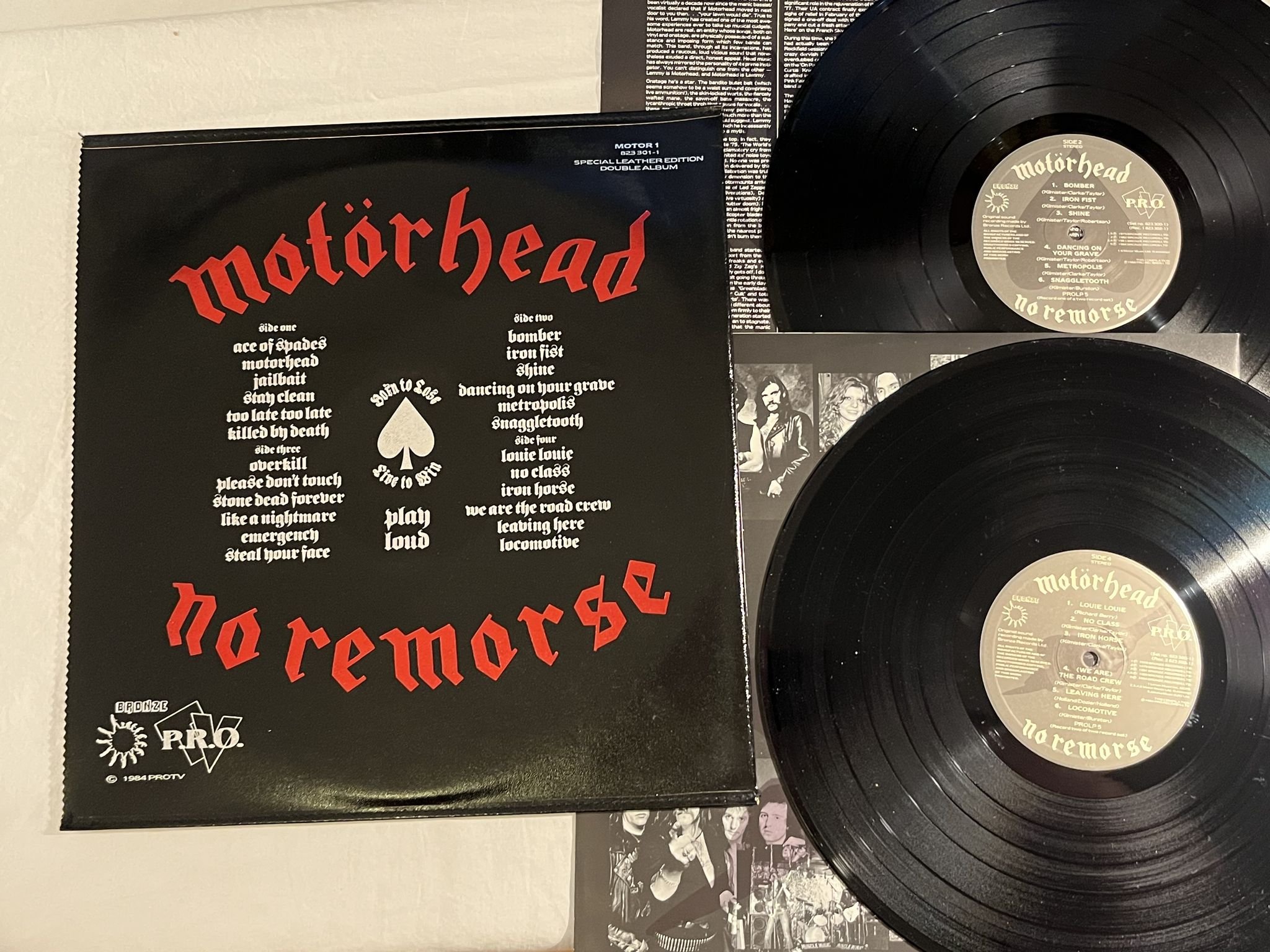 Omslagsbild för skivan MOTÖRHEAD no remorse 2xLP -84 UK BRONZE PROLP 5 *** Leather Sleeve ***