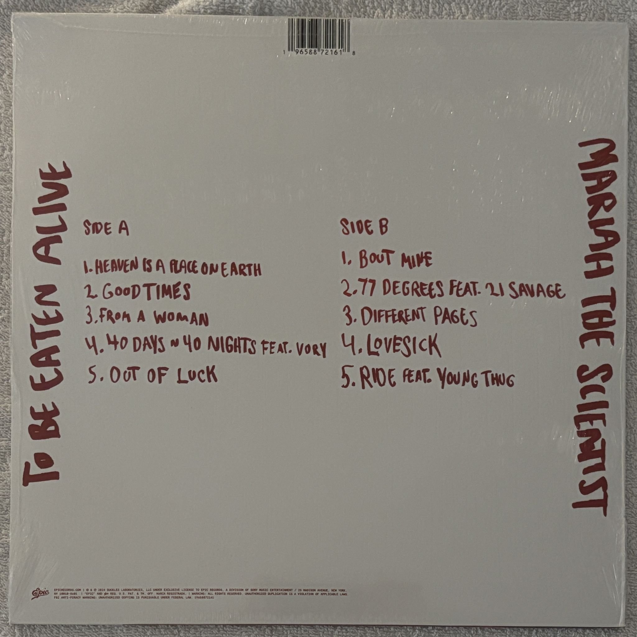 Omslagsbild för skivan MARIAH THE SCIENTIST To Be Eaten Alive LP- 2024 Epic 19658872161