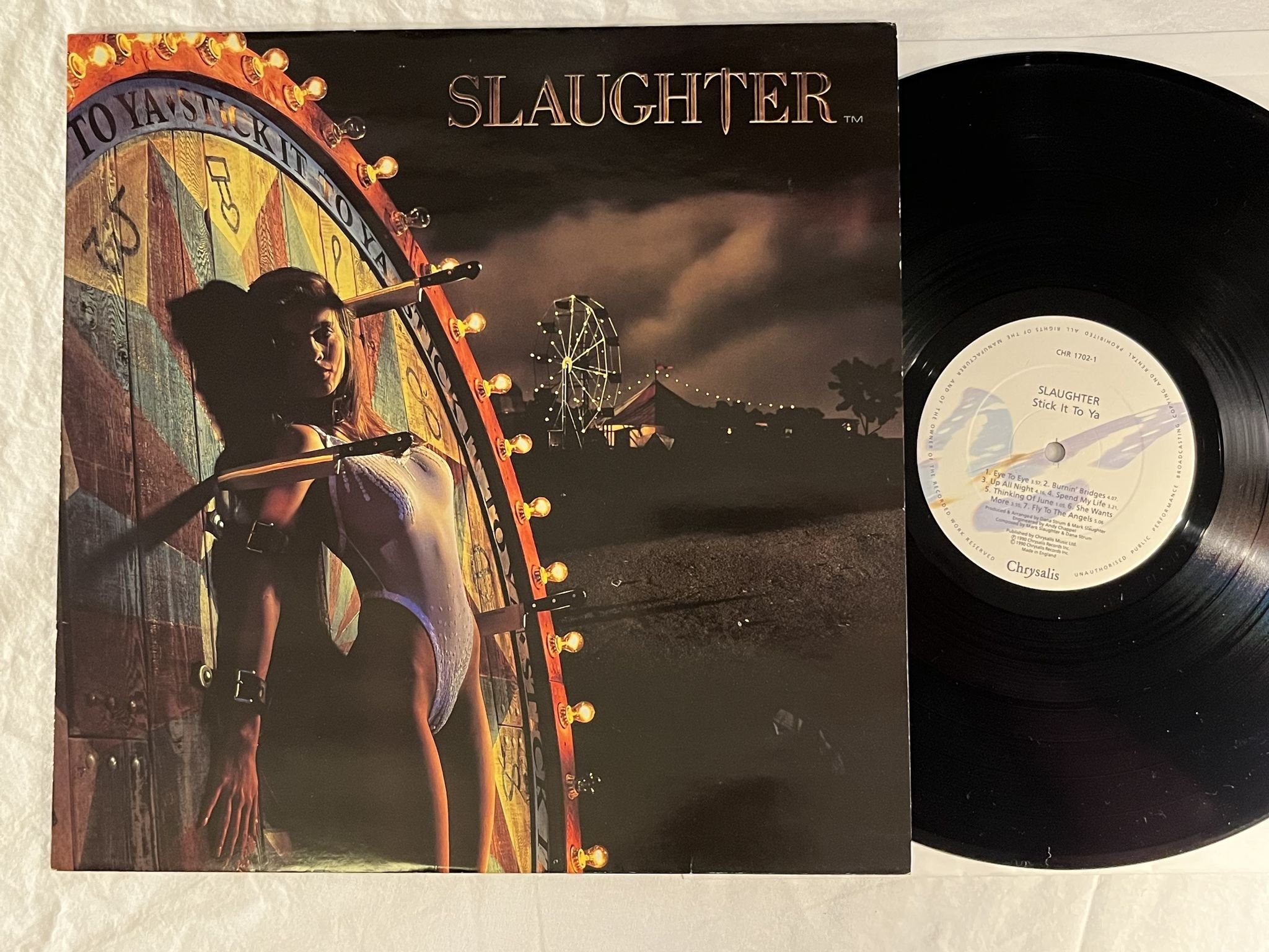 Omslagsbild för skivan SLAUGHTER stick it to ya LP -90 UK CHRYSALIS CHR 1702
