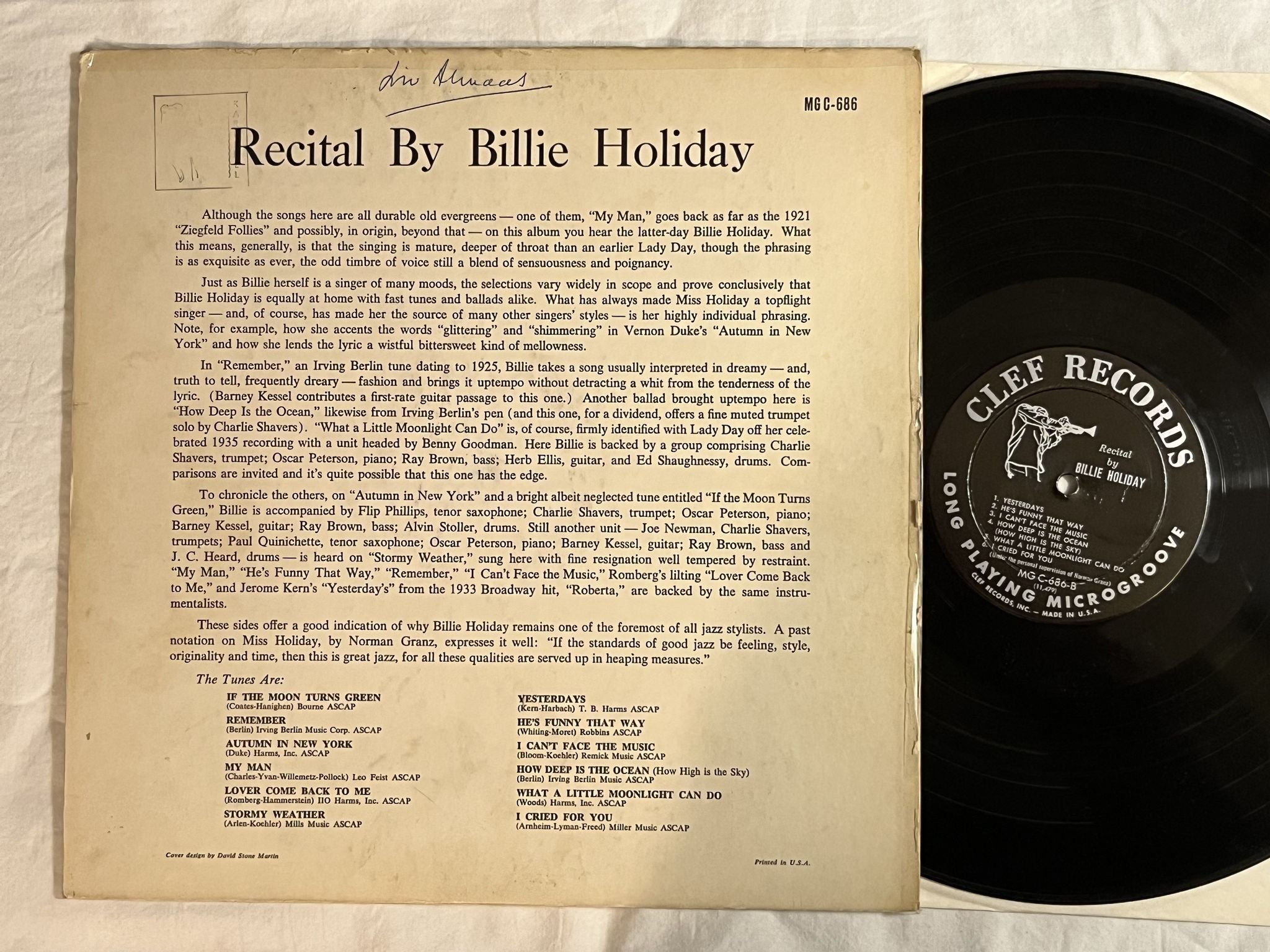 Omslagsbild för skivan BILLIE HOLIDAY recital by LP -56 US CLEF MG C-686 *** Amazing Classic ***