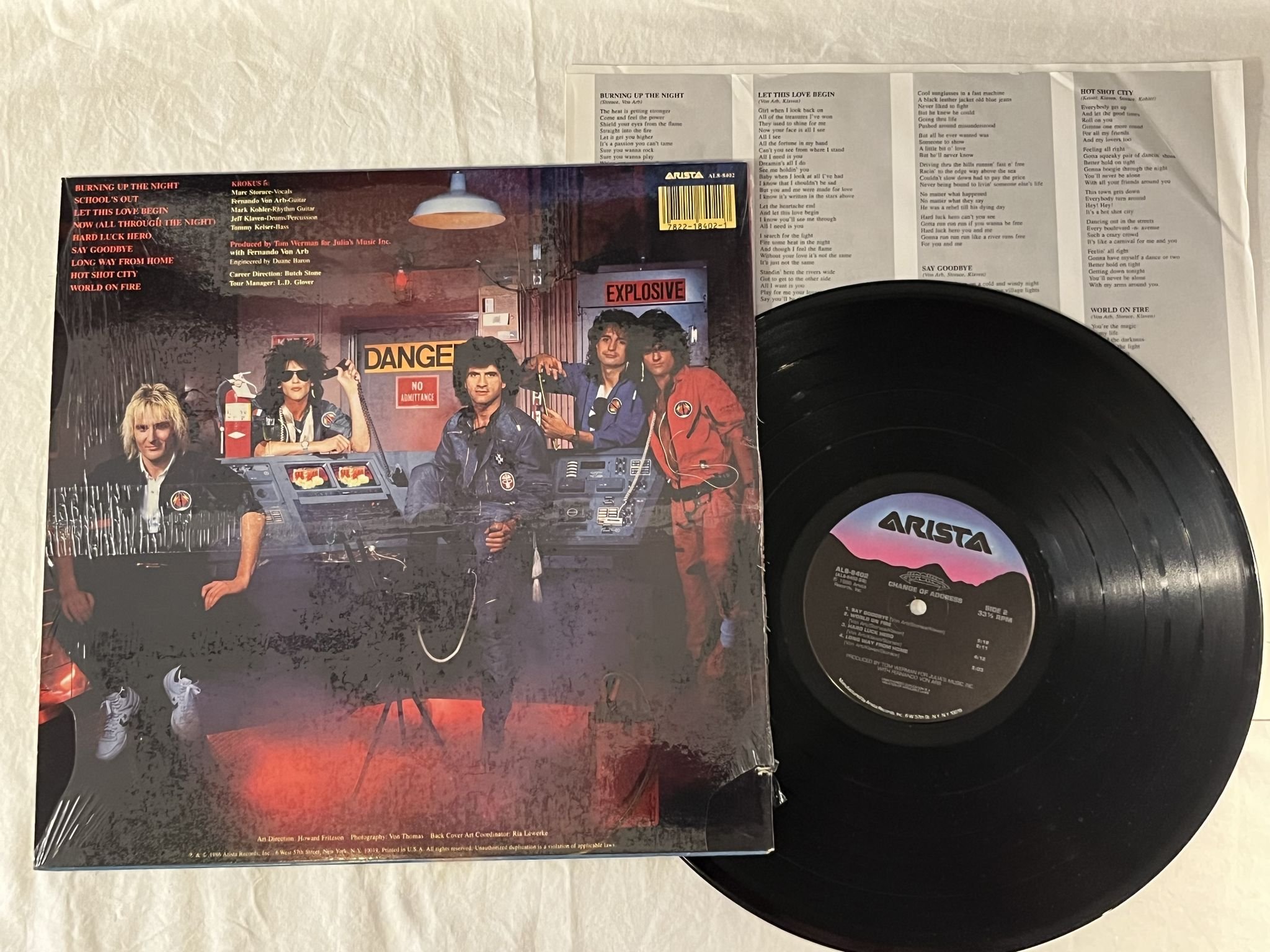 Omslagsbild för skivan KROKUS change of address LP -86 US ARISTA AL8-8402