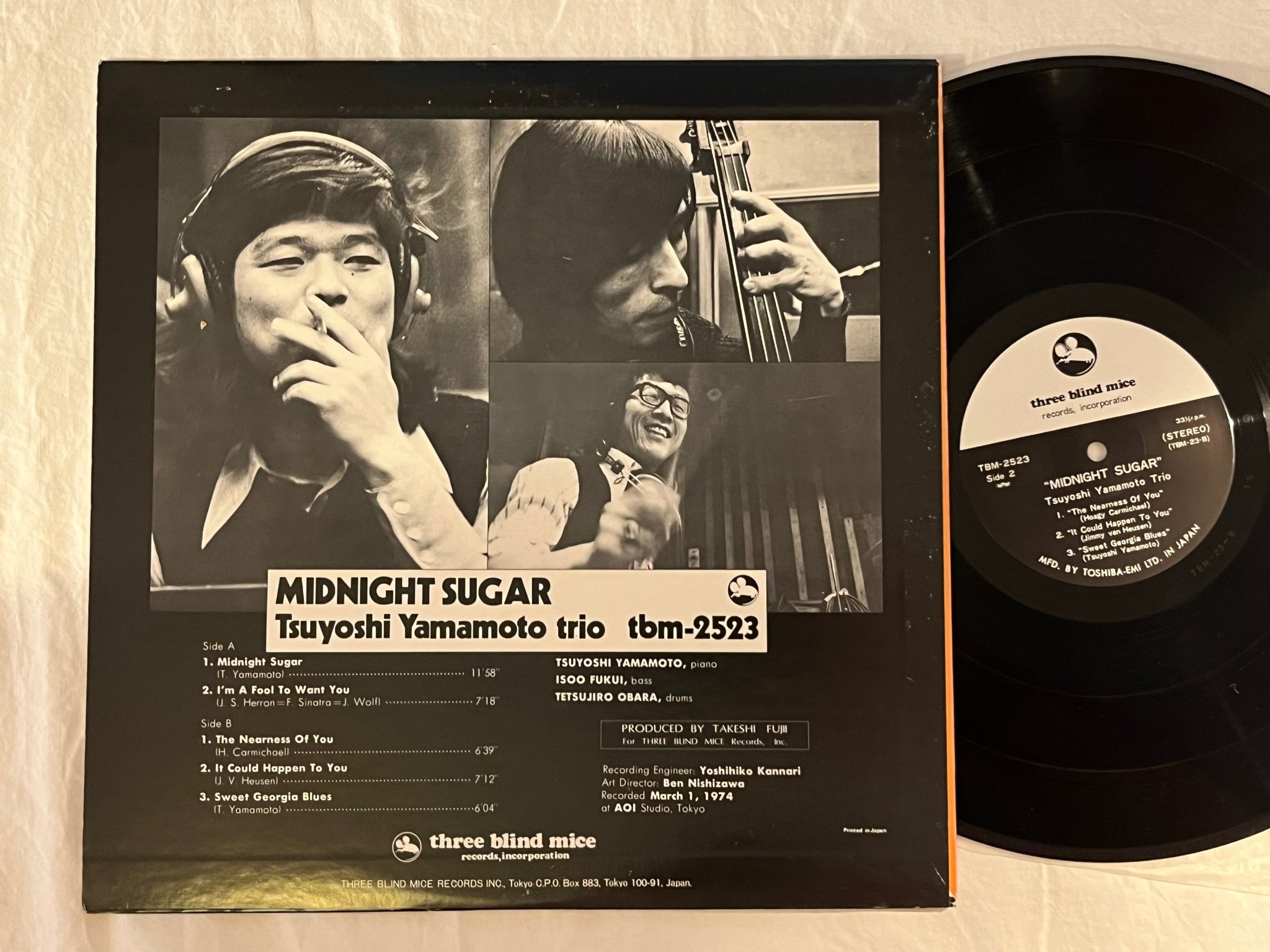 Omslagsbild för skivan TSUYOSHI YAMAMOTO TRIO Midnight Sugar LP -77 Japan TBM 2523