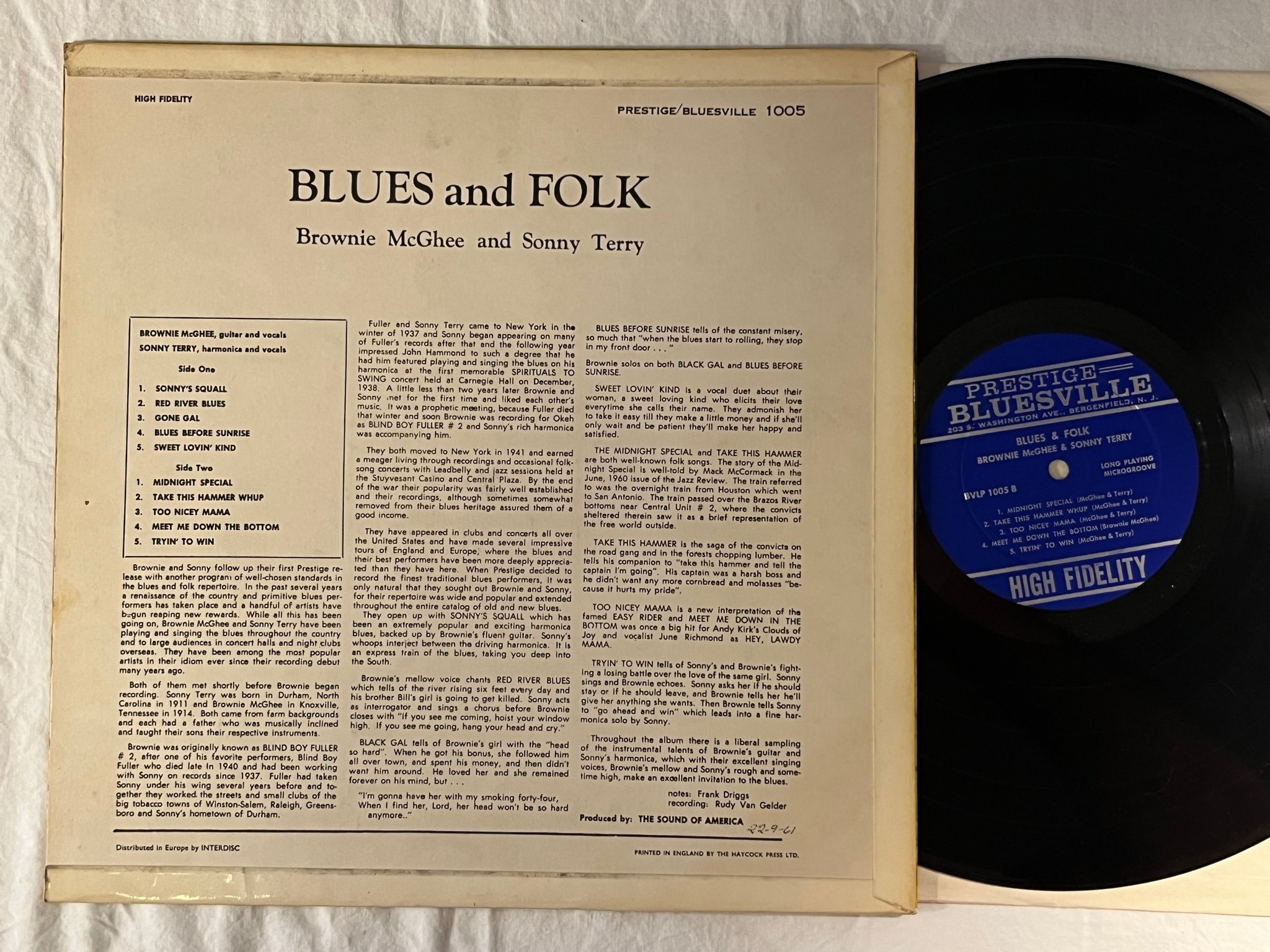 Omslagsbild för skivan BROWNIE McGHEE & SONNY TERRY blues & folk LP -60 UK BLUESVILLE BVLP 1005