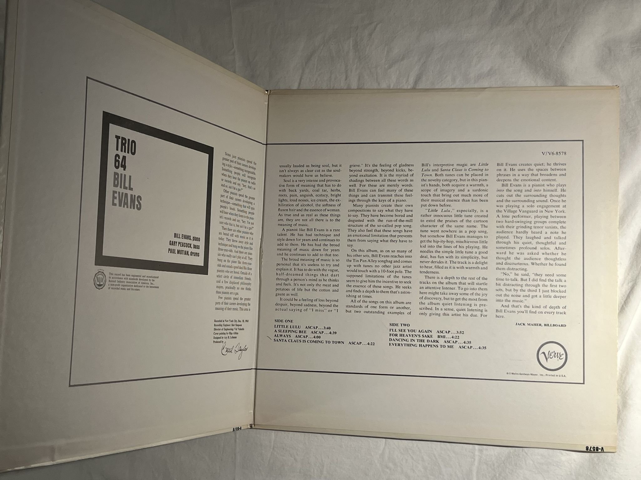 Omslagsbild för skivan BILL EVANS trio 64 LP -64 US VERVE V6/8578