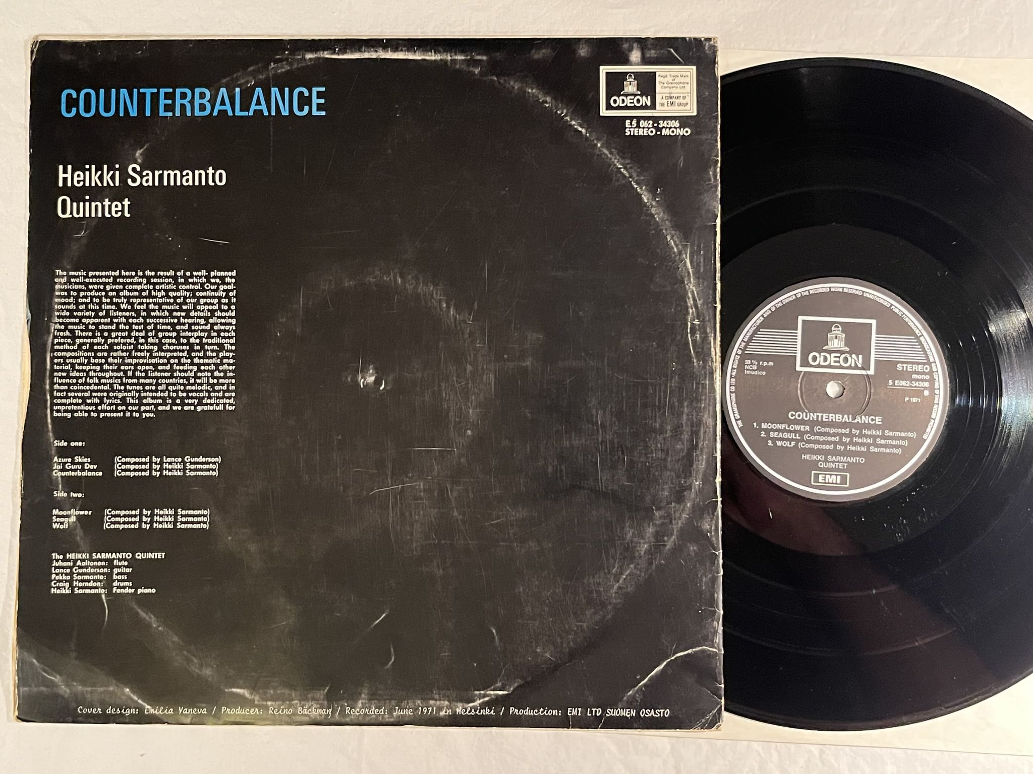 Omslagsbild för skivan HEIKKI SARMANTO QUINTET Counterbalance LP -71 Fin ODEON 5E 062-34306