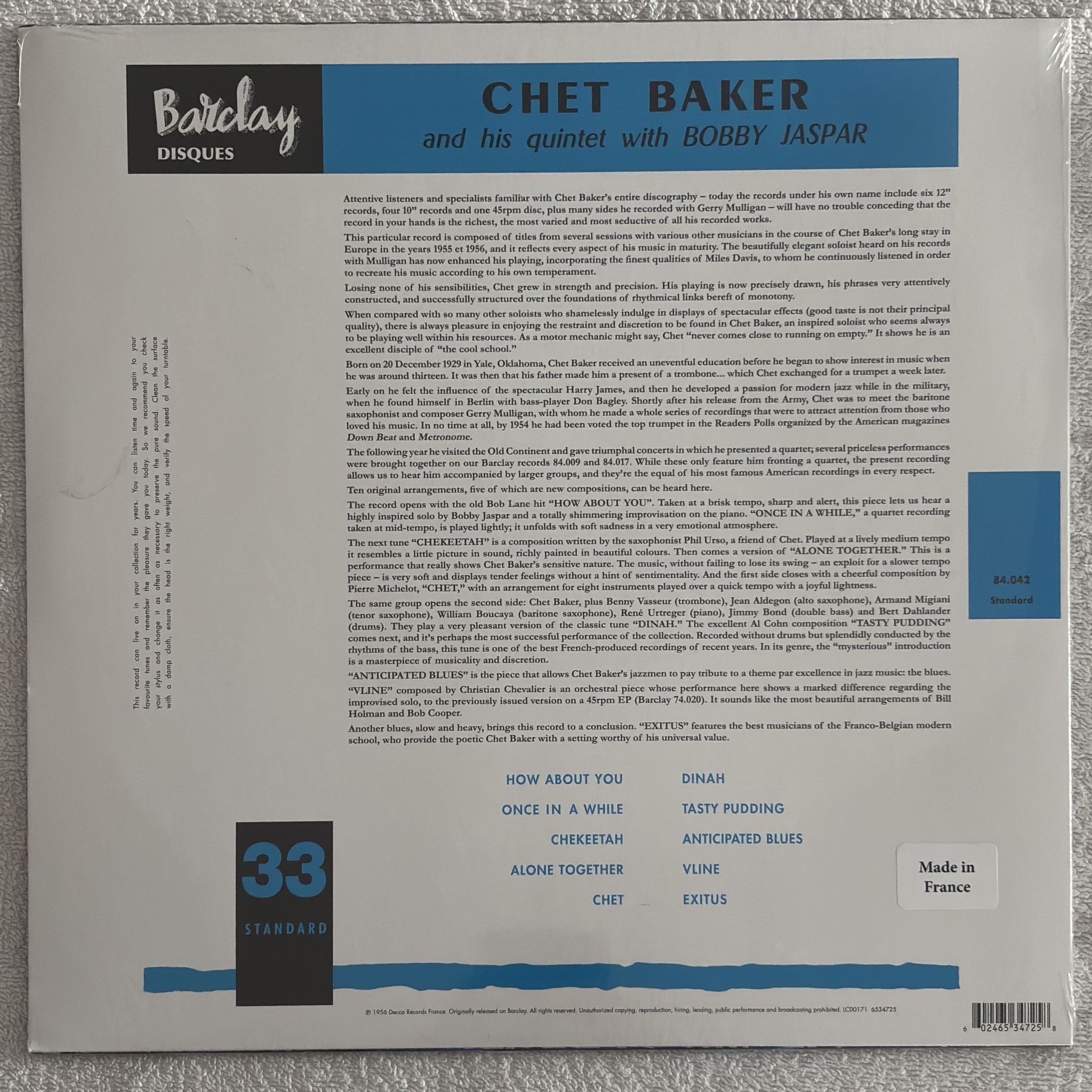 Omslagsbild för skivan CHET BAKER AND HIS QUINTET with BOBBY JASPAR LP Barclay 84042