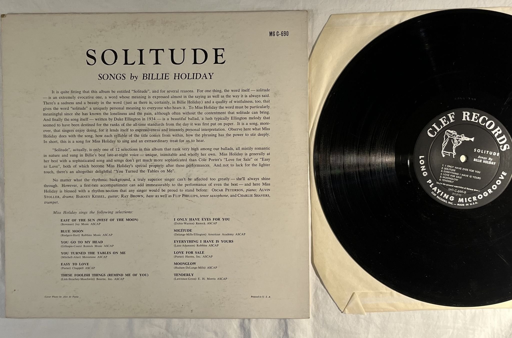 Omslagsbild för skivan BILLIE HOLIDAY solitude LP -56 US CLEF RECORDS MGC 690 ** CLASSIC **