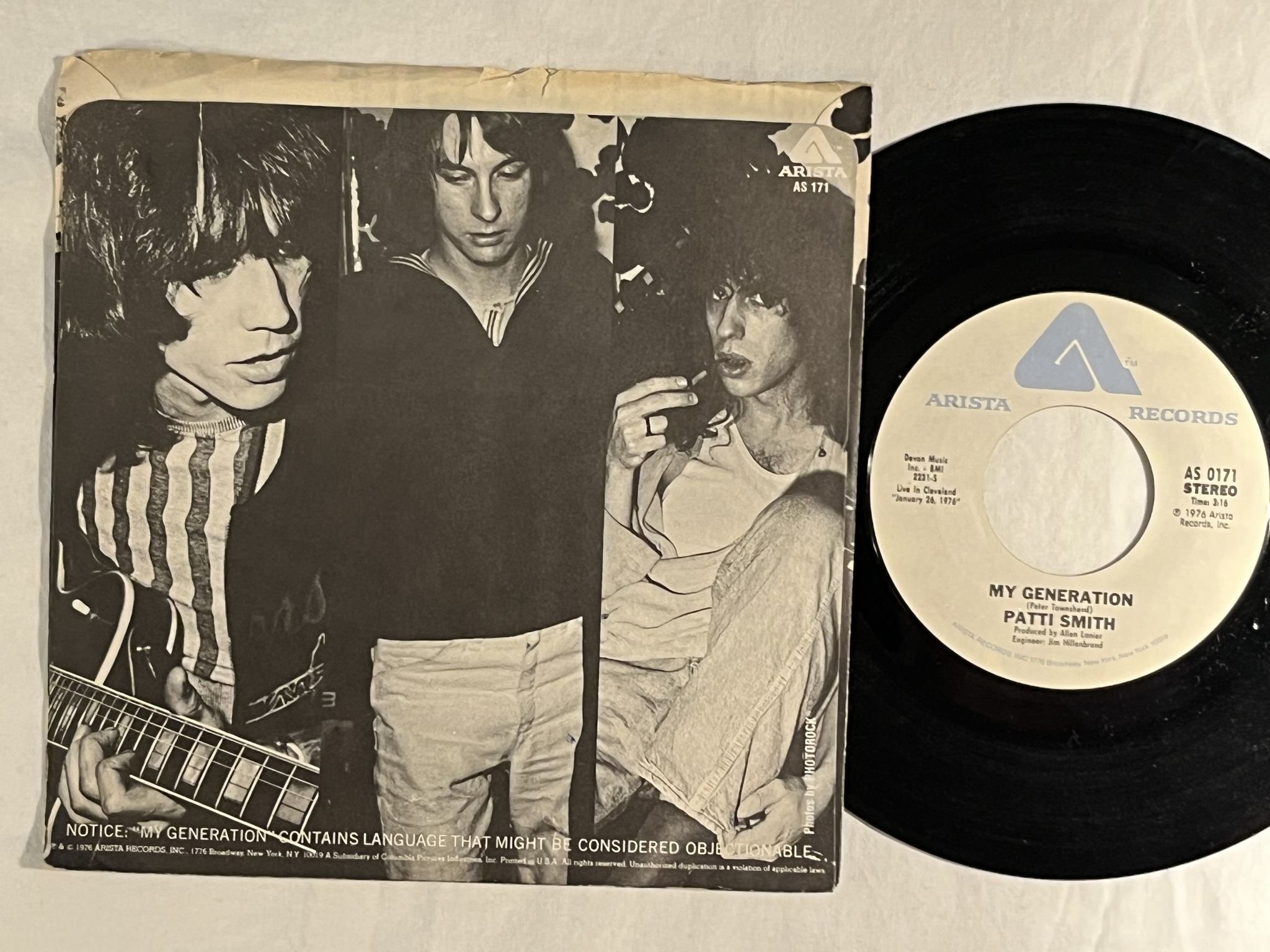 Omslagsbild för skivan PATTI SMITH GROUP Gloria / My Generation 7" -75 US ARISTA AS 0171