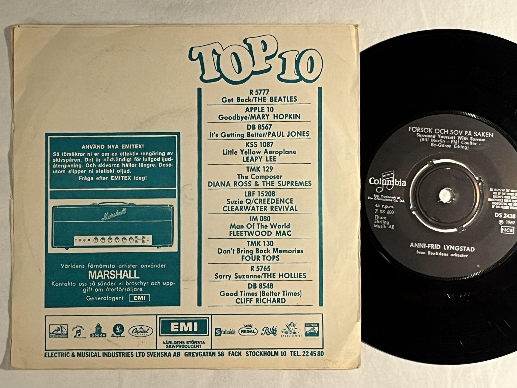 Omslagsbild för skivan ANNI-FRID LYNGSTAD så synd du måste gå 7" -69 Swe COLUMBIA DS 2438