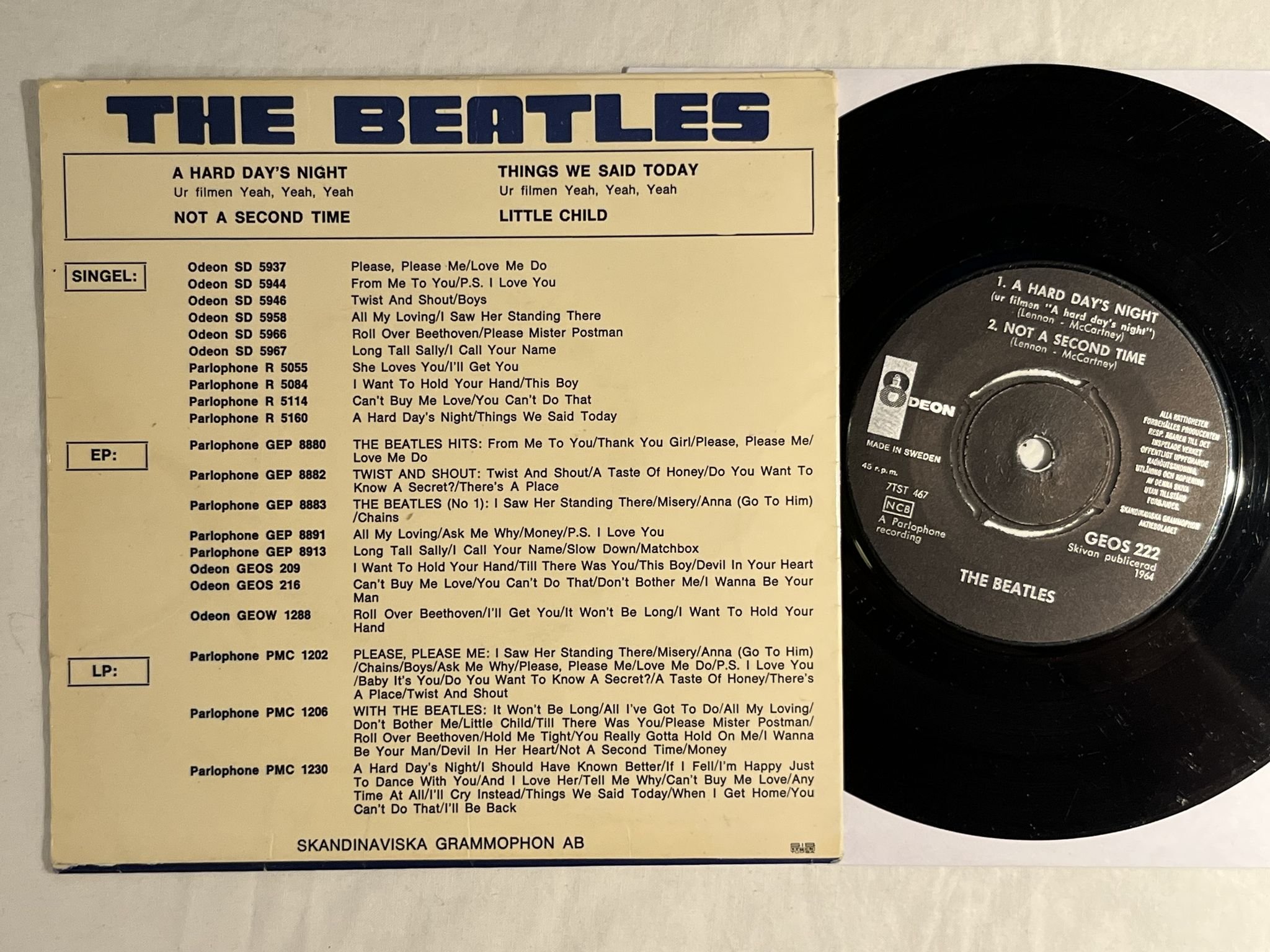 Omslagsbild för skivan THE BEATLES a hard day's night 7"ep Swe ODEON GEOS 222