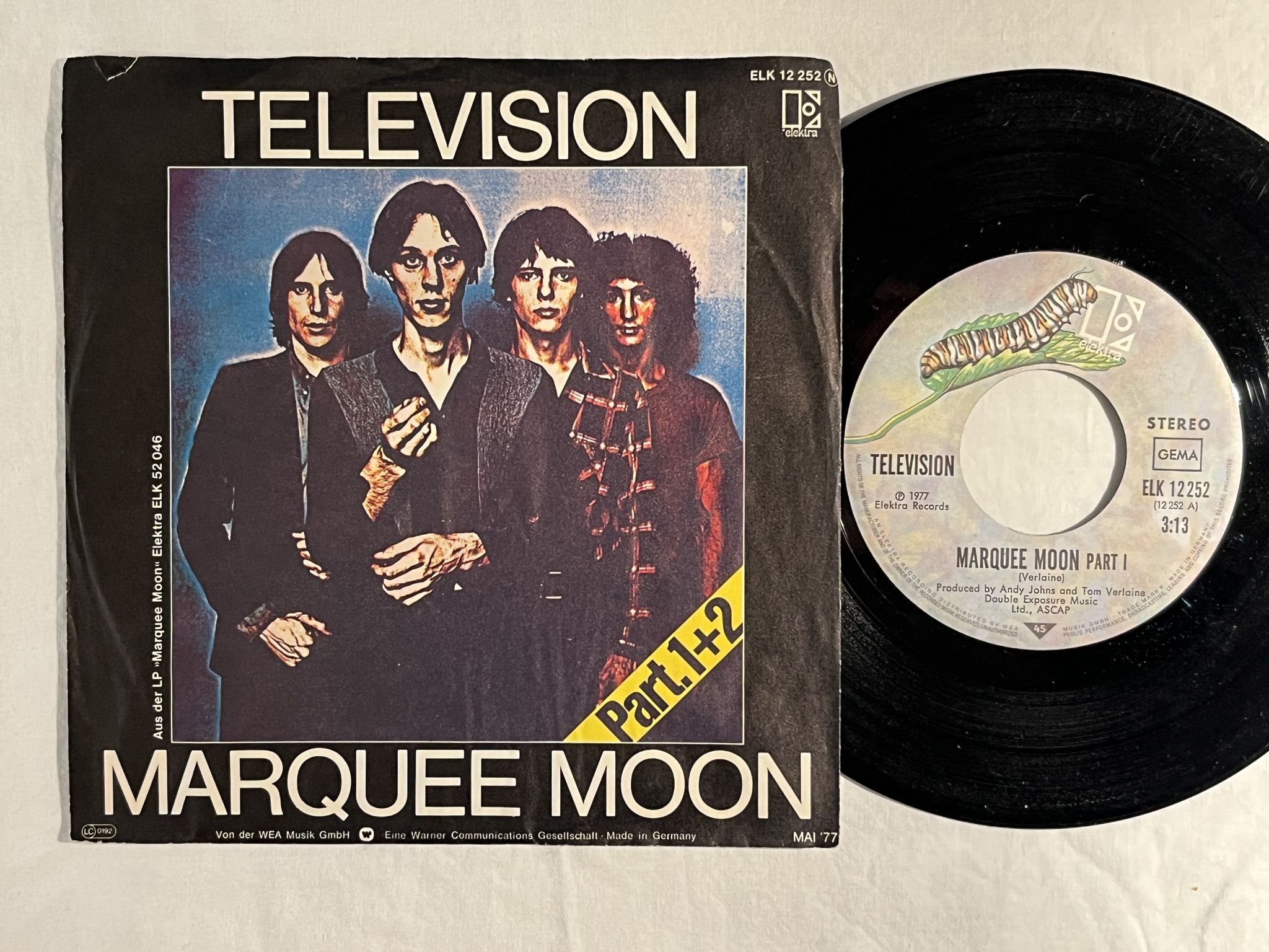 Omslagsbild för skivan TELEVISION marquee moon (pt I & II) 7" -77 Ger ELEKTRA ELK 12 252