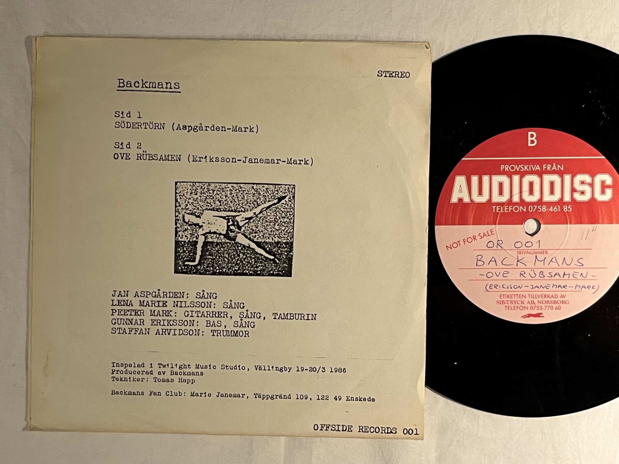 Omslagsbild för skivan BACKMANS södertörn 7" -86 Swe OFFSIDE RECORDS 001 ** TEST PRESS **