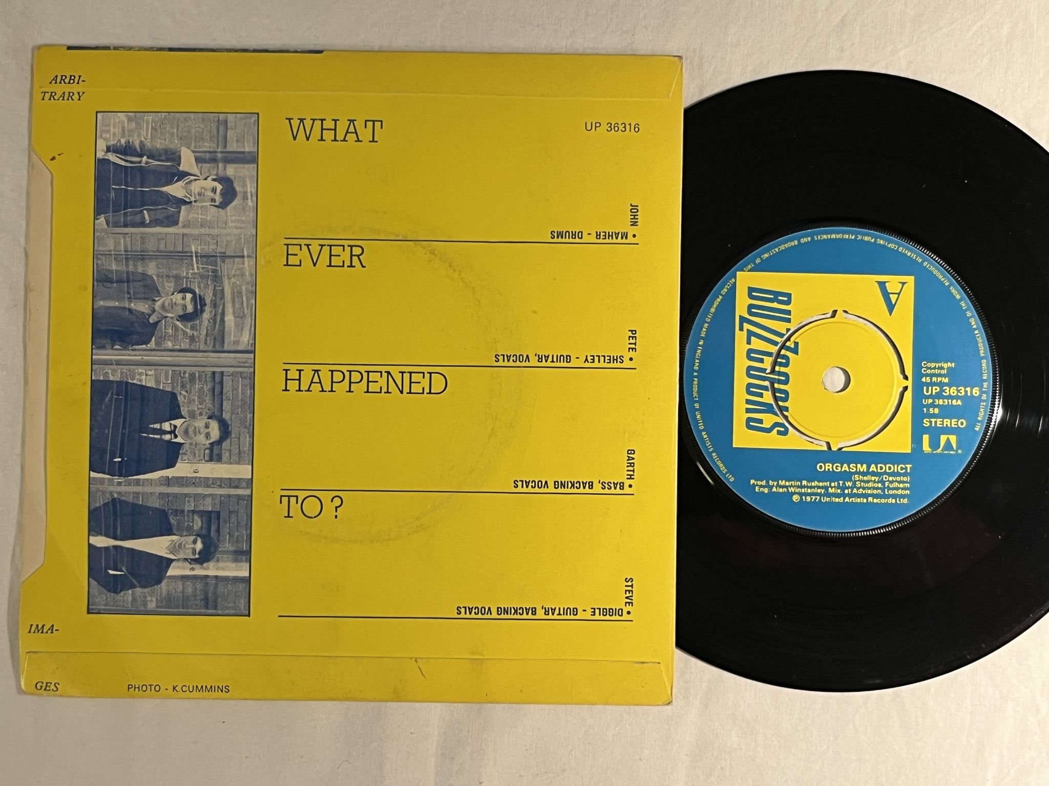 Omslagsbild för skivan BUZZCOCKS orgasm addict 7" -77 UK UNITED ARTISTS UP 36316