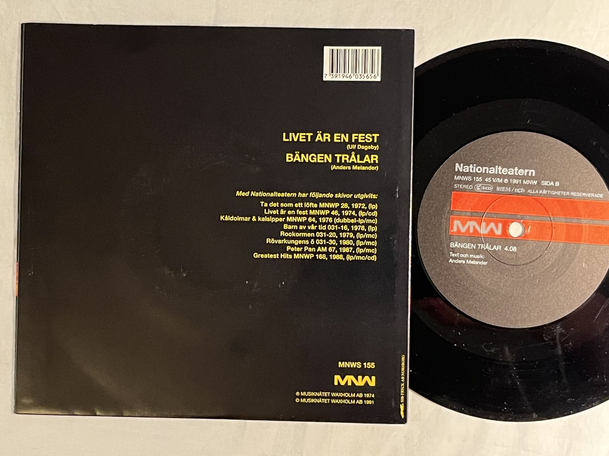 Omslagsbild för skivan NATIONALTEATERN livet är en fest 7" -91 MNW MNWS 155
