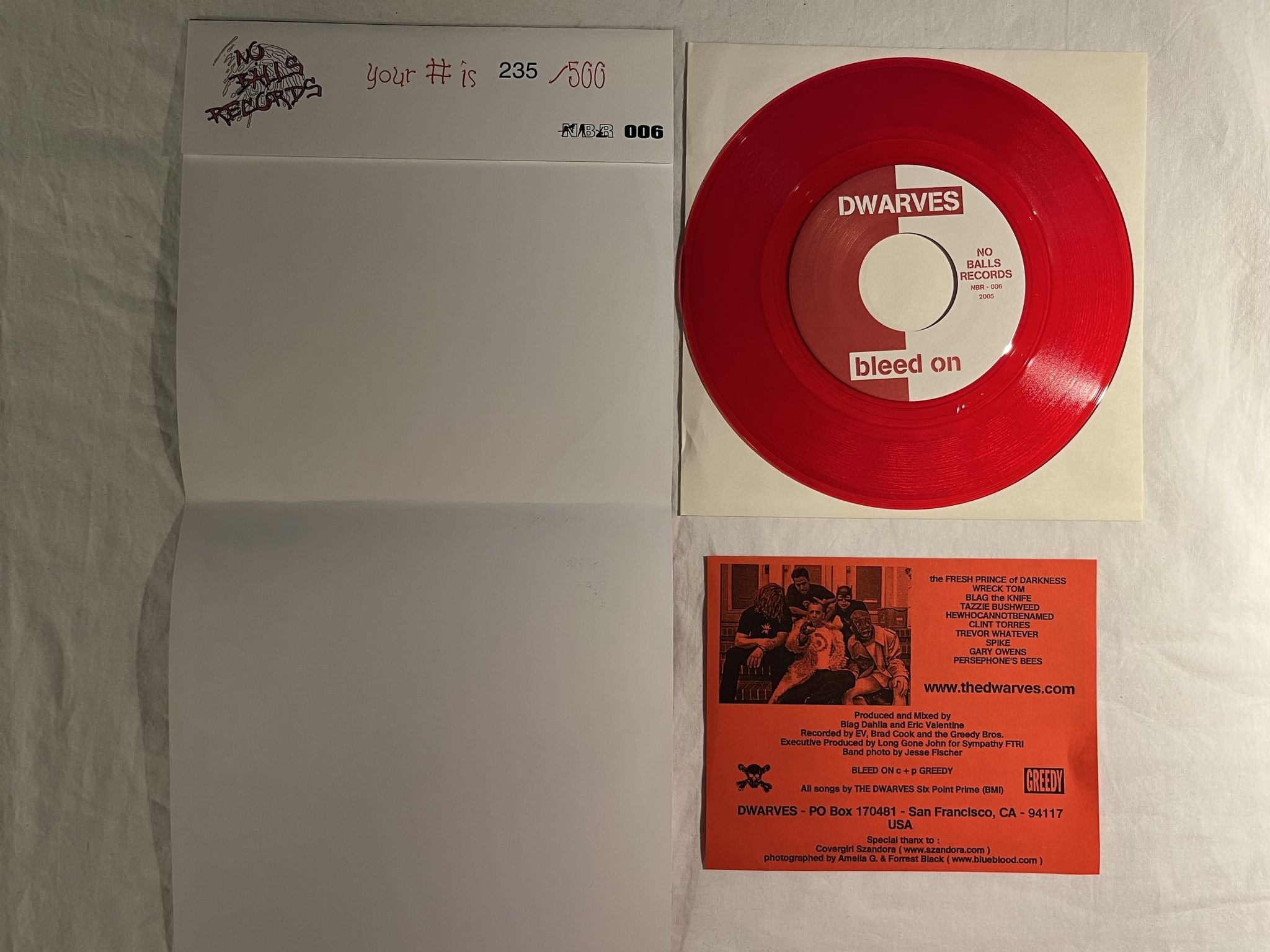 Omslagsbild för skivan DWARVES / TURBO A.C.'S Bleed On / Turbonaut 7" 2005 nbr 006 *** #235/500 ***