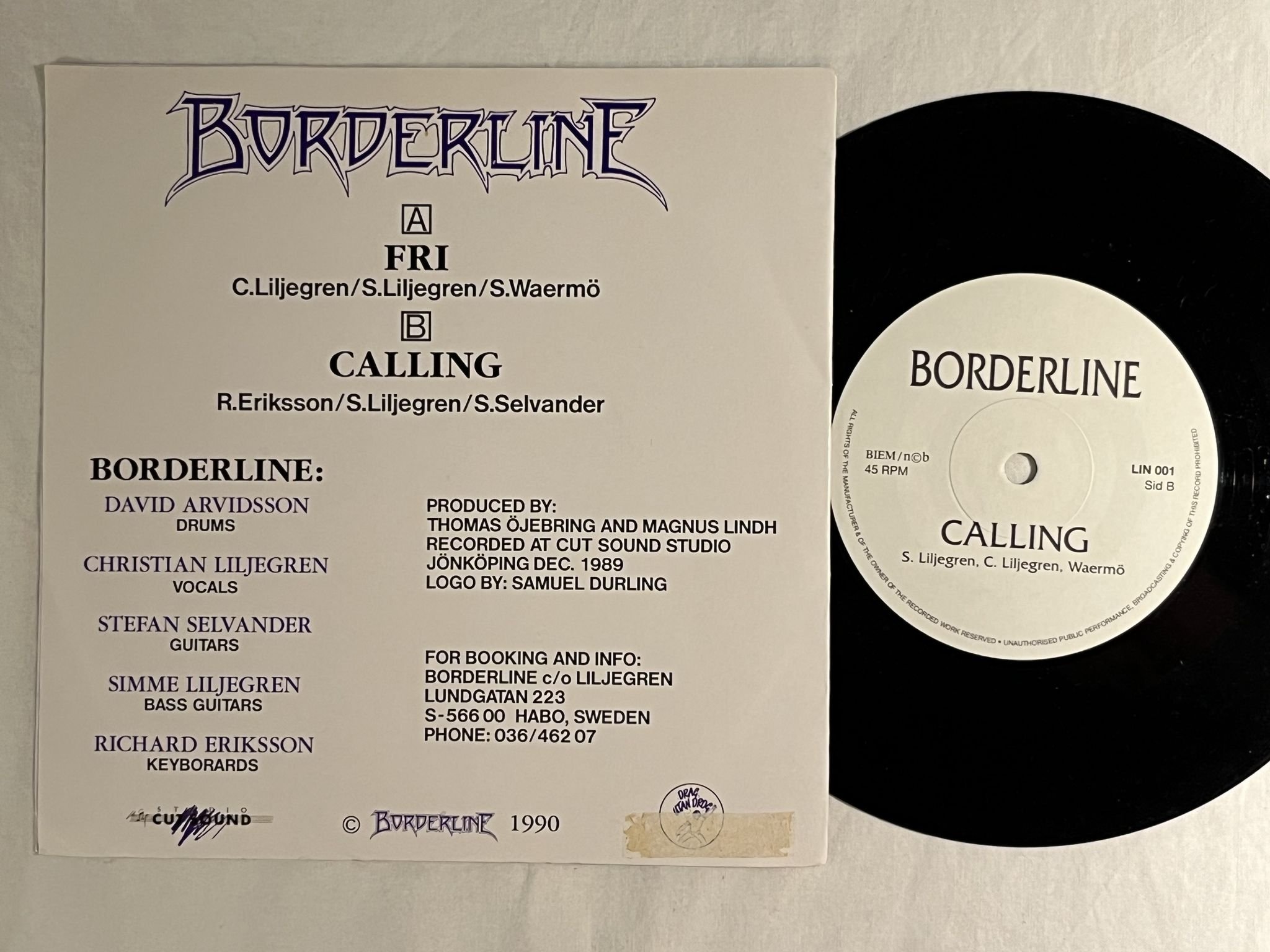 Omslagsbild för skivan BORDERLINE fri 7" -90 private pressed swedish hard rock 45 LIN 001