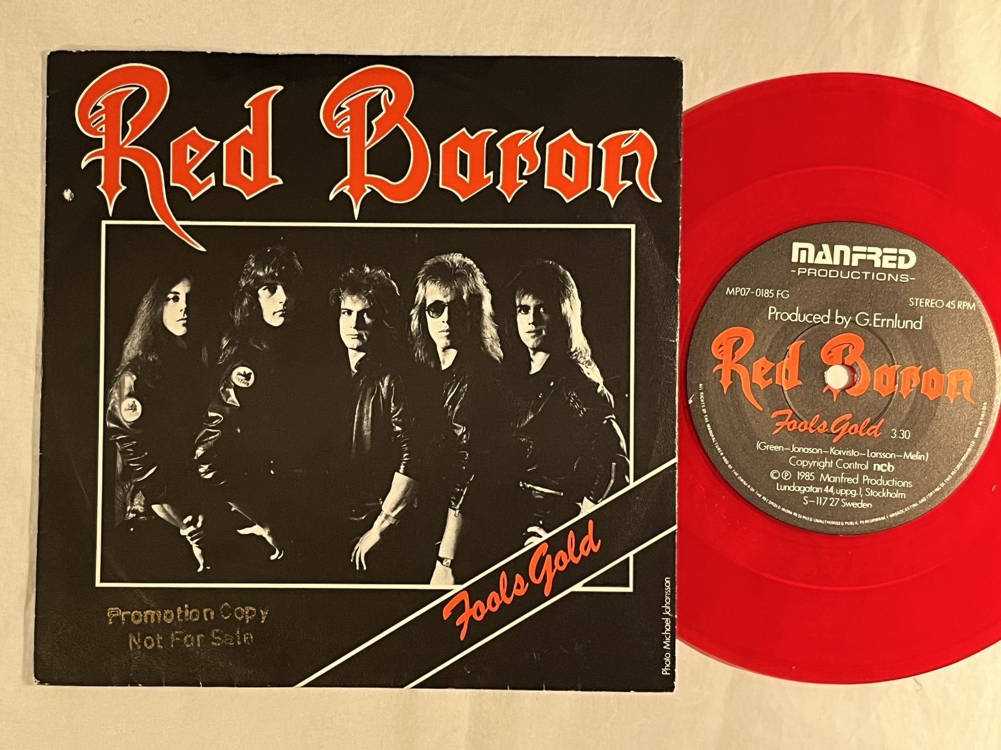 Omslagsbild för skivan RED BARON fools gold 7" -85 Swe MANFRED MP07-0185