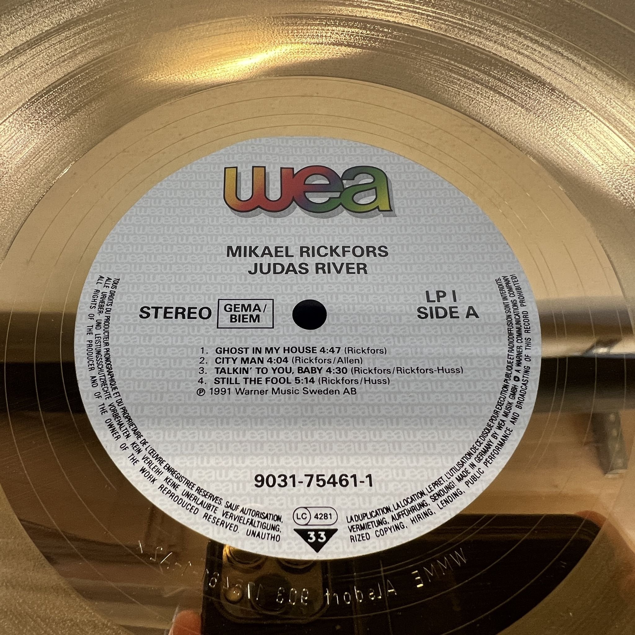 Omslagsbild för skivan MIKAEL RICKFORS * Inramad Guldskiva * LP -91 WARNER 9031-75461-1 *Rare *