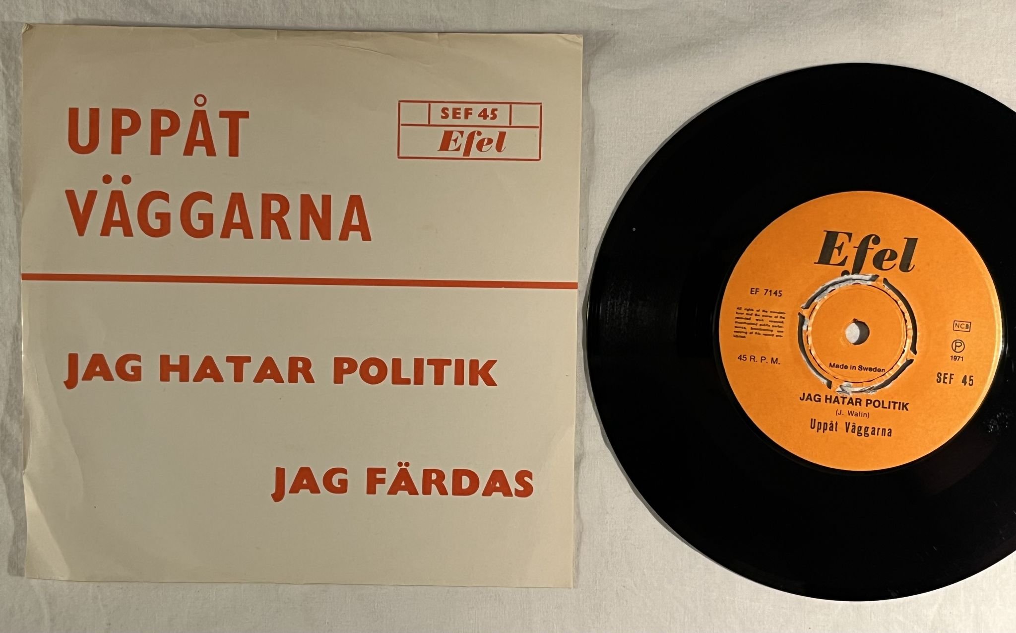 Omslagsbild för skivan UPPÅT VÄGGARNA Jag Hatar Politik 7" -71 Swe EFEL SEF 45 *** RARE PROG ROCK ***