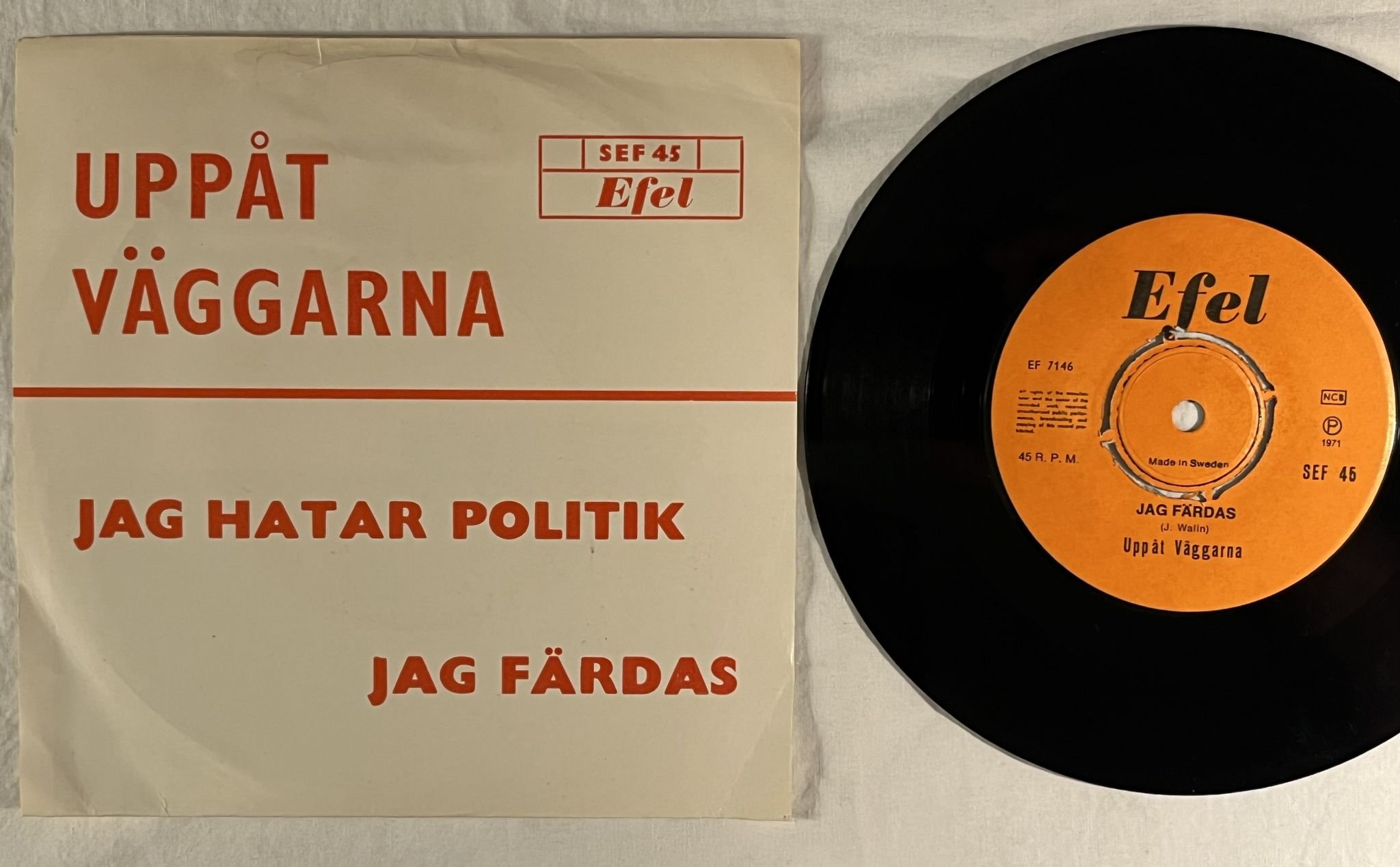 Omslagsbild för skivan UPPÅT VÄGGARNA Jag Hatar Politik 7" -71 Swe EFEL SEF 45 *** RARE PROG ROCK ***