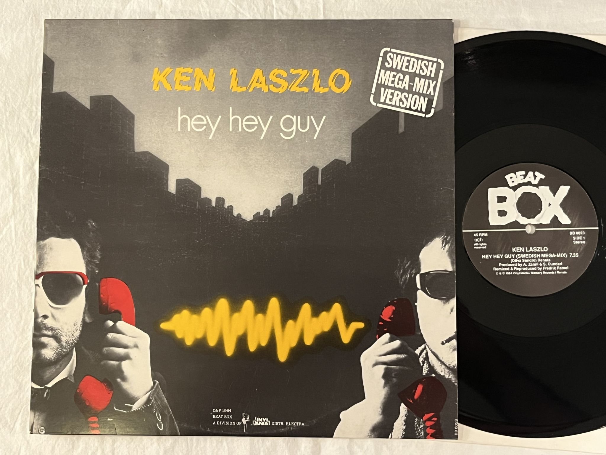 Omslagsbild för skivan KEN LASZLO hey hey guy (Swedish Mega-Mix Version) 12" -84 BEAT BOX BB 8023