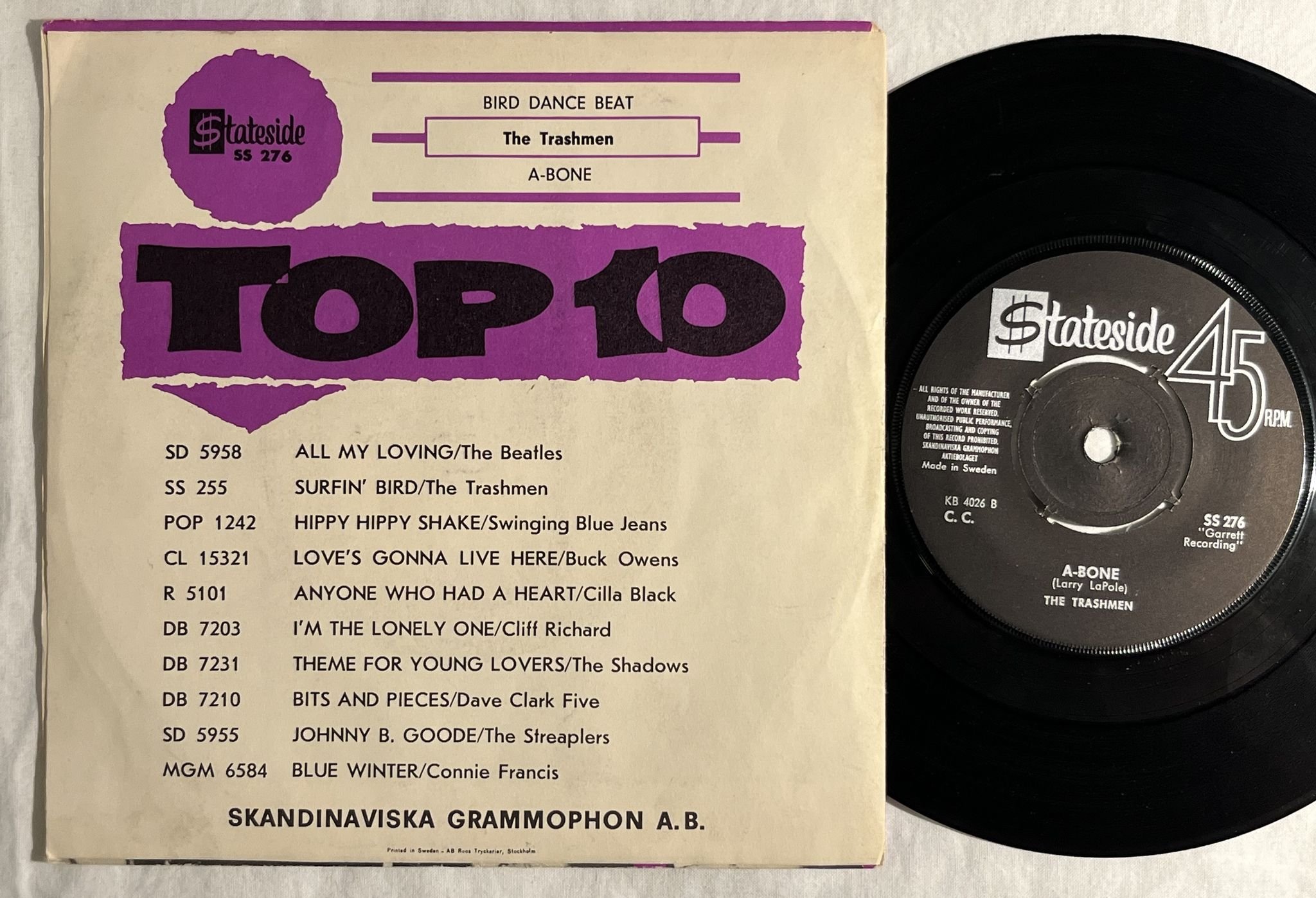 Omslagsbild för skivan THE TRASHMEN bird dance beat 7" -64 Swe STATESIDE SS 276