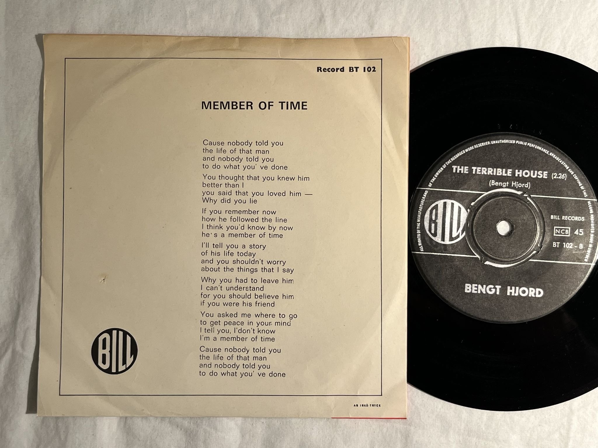Omslagsbild för skivan BENGT HJORD member of time 7" -66 Swe BILL BT 102