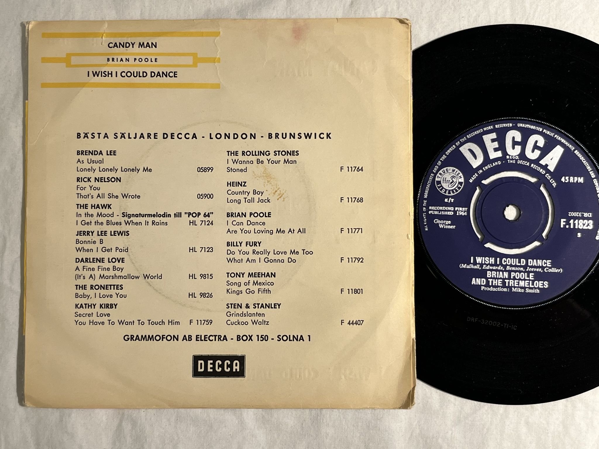 Omslagsbild för skivan BRIAN POOLE & THE TREMELOES candy man 7" -64 DECCA F 11823