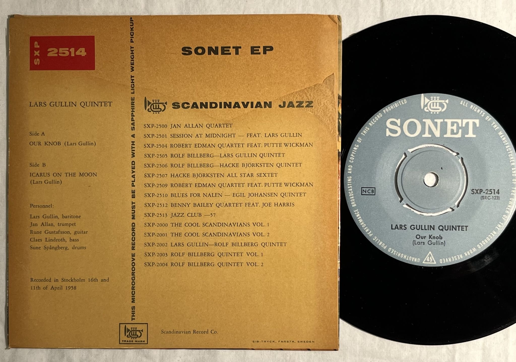 Omslagsbild för skivan LARS GULLIN QUINTET our knob 7" -58 Swe SONET SXP 2514