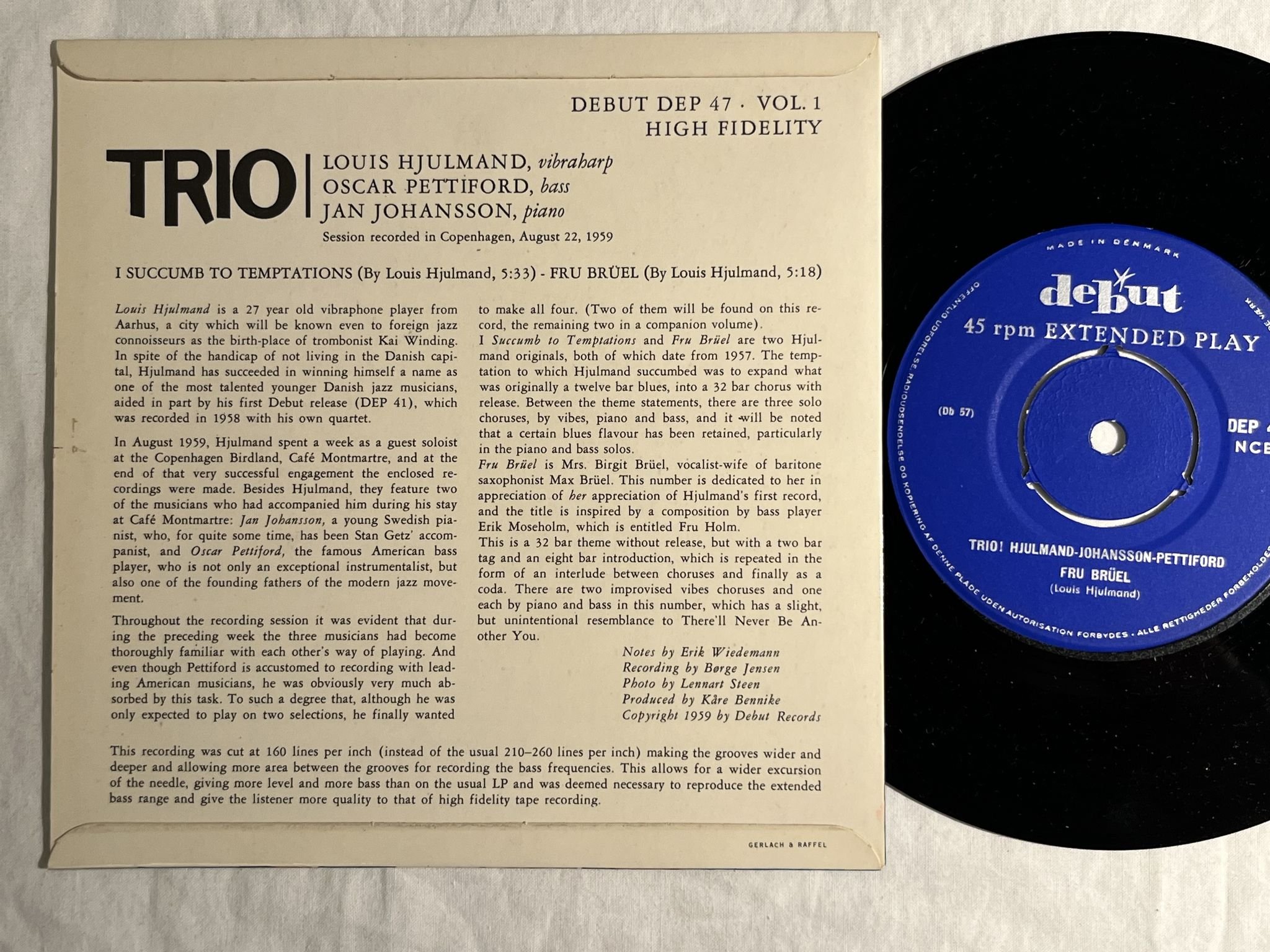 Omslagsbild för skivan HJULMAND, PETTIFORD, JOHANSSON trio Vol 1 7" -59 Denmark DEBUT DEP-47