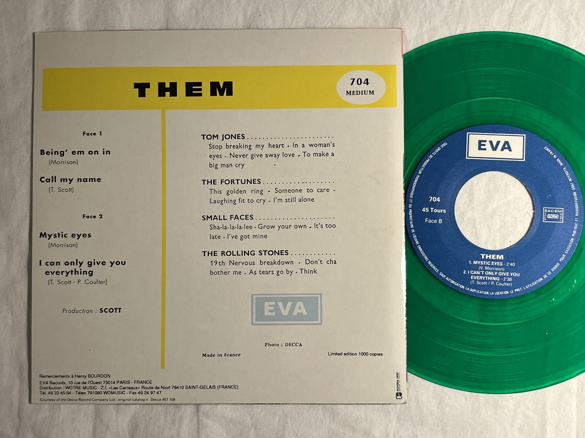Omslagsbild för skivan THEM Being 'Em On In 7"ep Fra EVA 704 M ** GREEN VINYL **