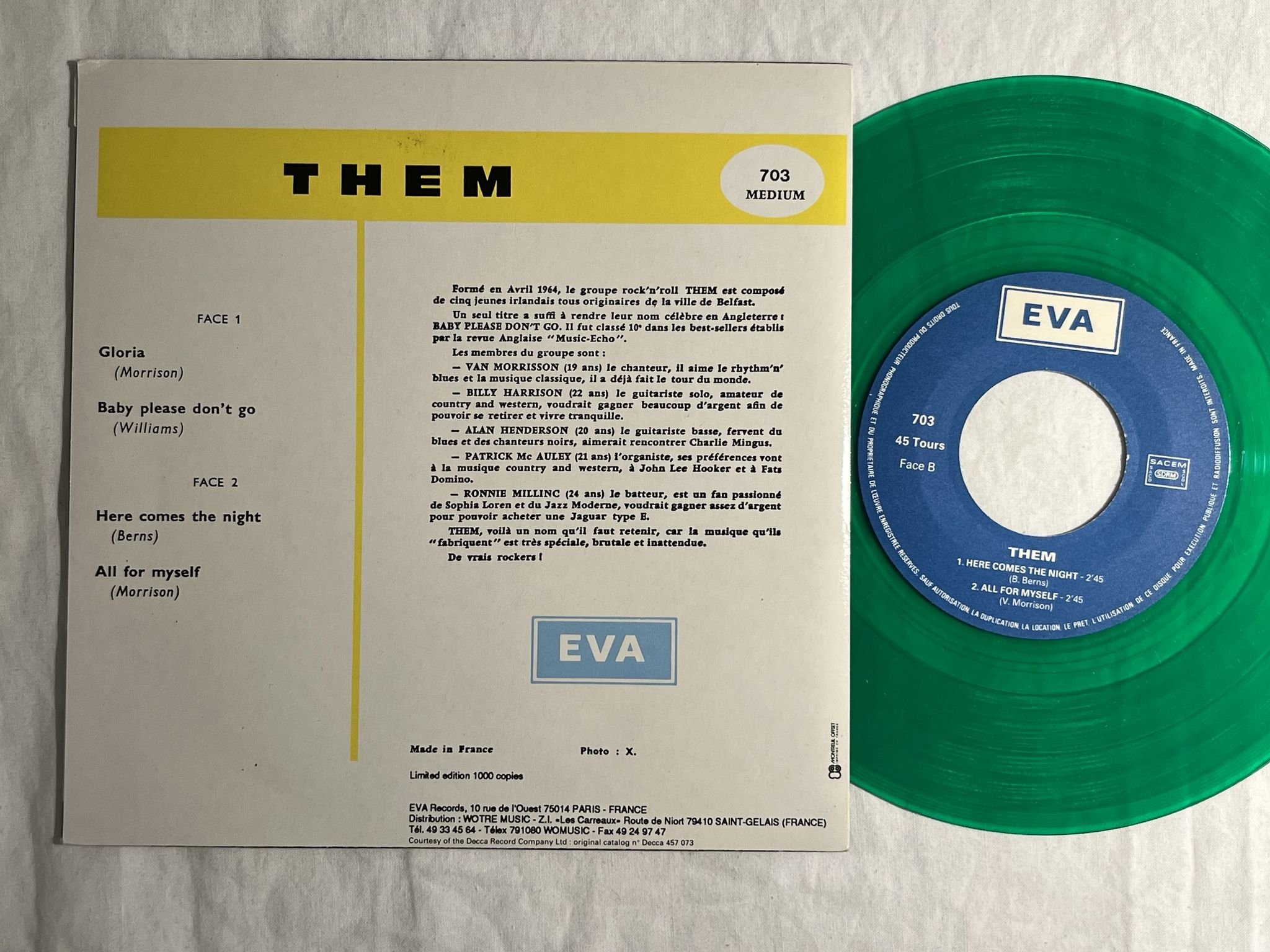 Omslagsbild för skivan THEM Gloria 7"ep Fra EVA 703 M ** GREEN VINYL **