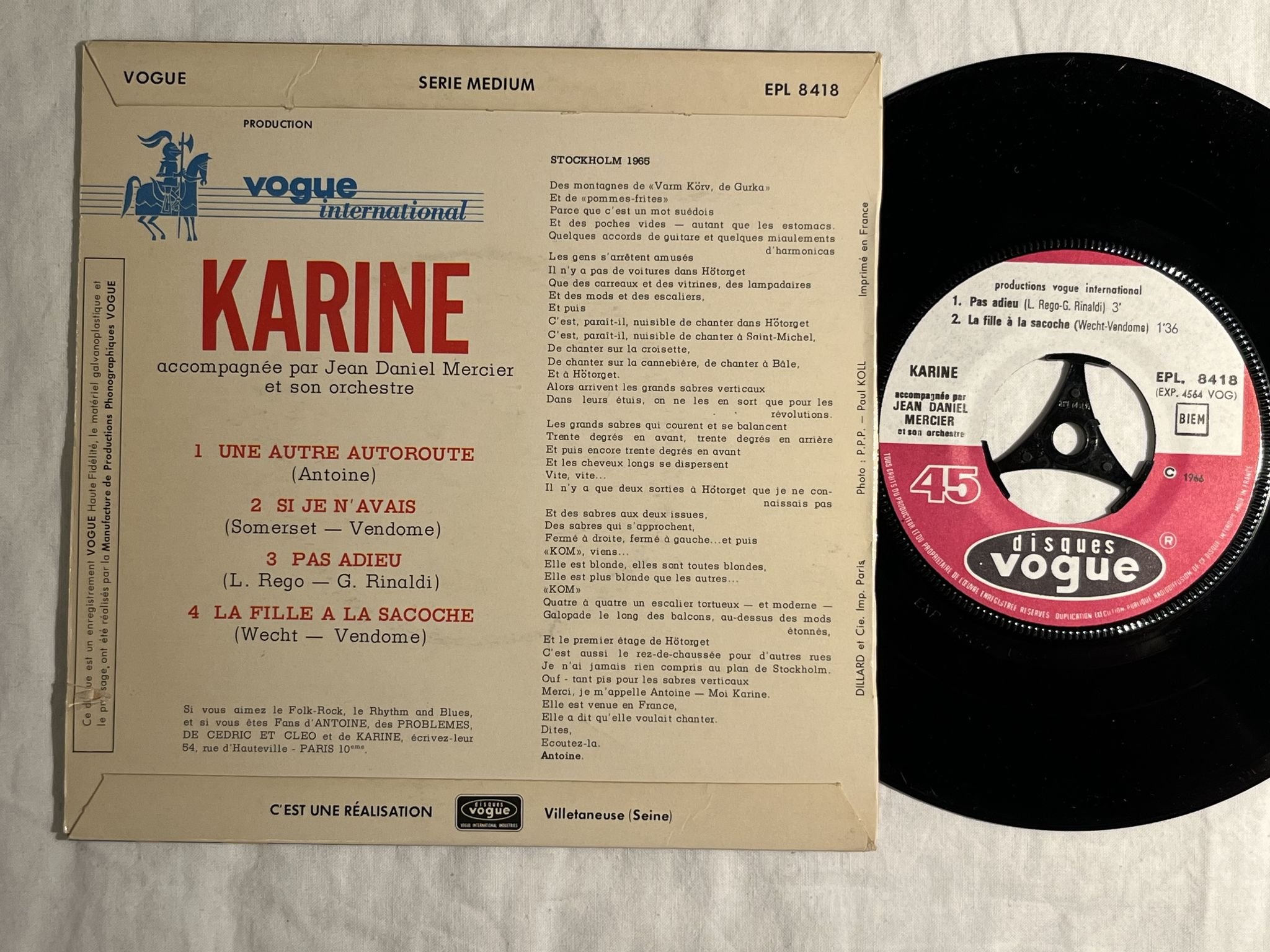 Omslagsbild för skivan KARINE un autre autoroute 7"ep -66 Fra DISCQUES VOGUE EPL. 8418 ** CHANSON **