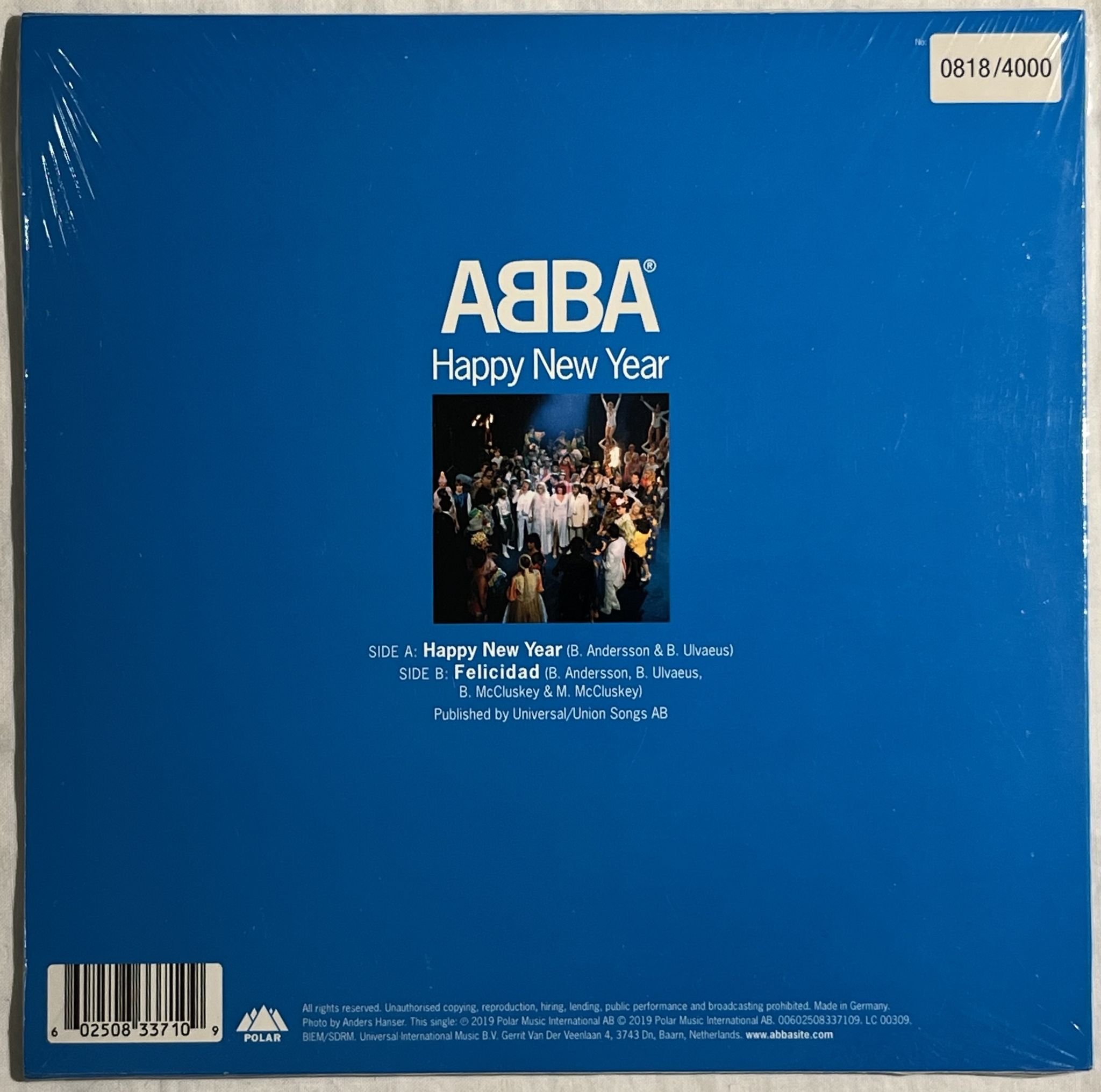 Omslagsbild för skivan ABBA Happy New Year 7" Swe 2019 POLAR 00602508337109 ** SEALED **