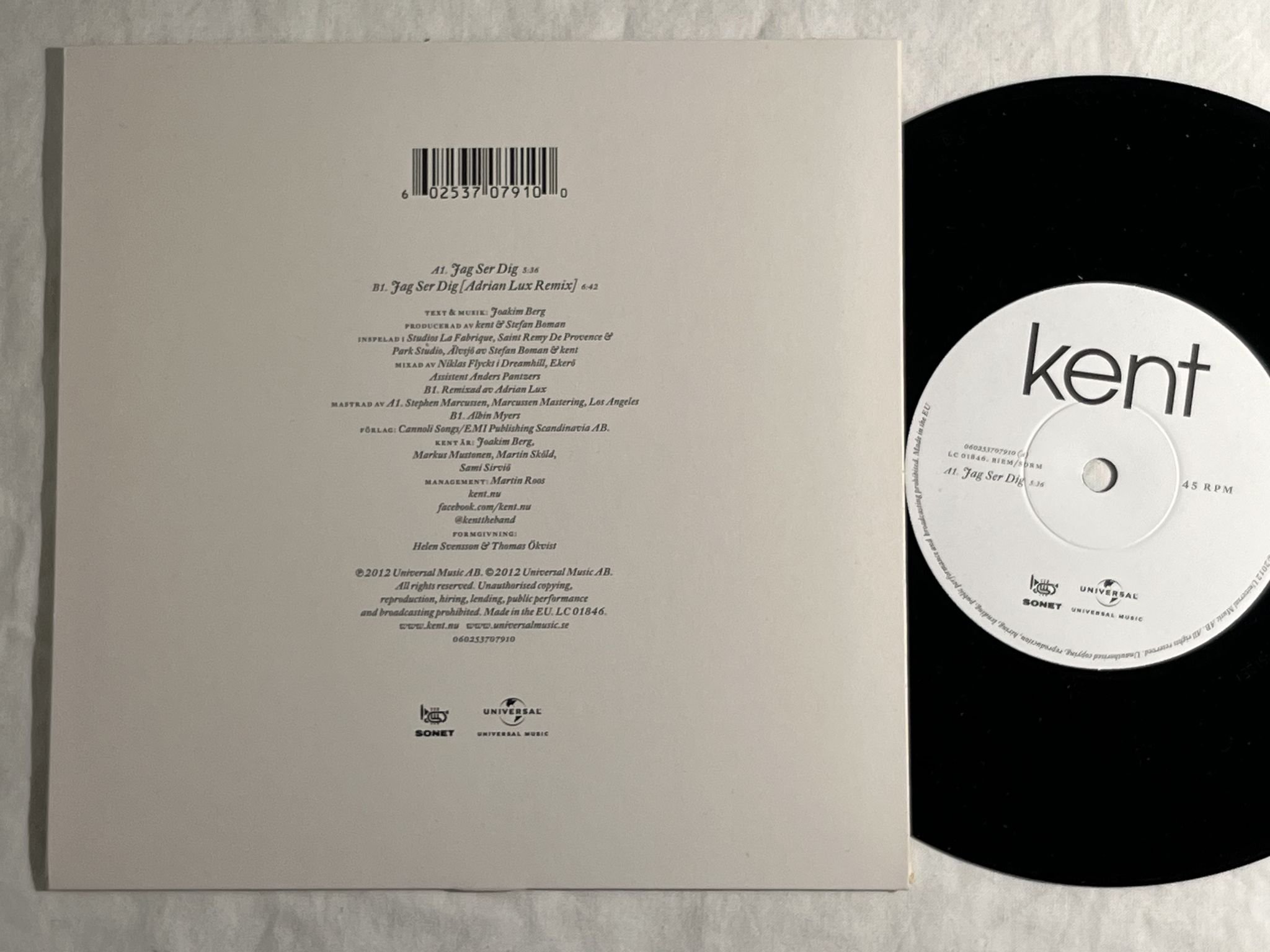Omslagsbild för skivan KENT jag ser dig 7" Swe 2012 Sonet – 060253707910
